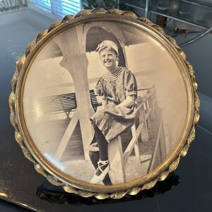 6" Celluloid Photo Button Framed Easel Columbia Medallion Studios Girl At Beach